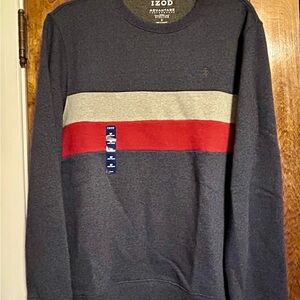 Izod Men's Crewneck Sweater in Navy with Red and Gray Stripes